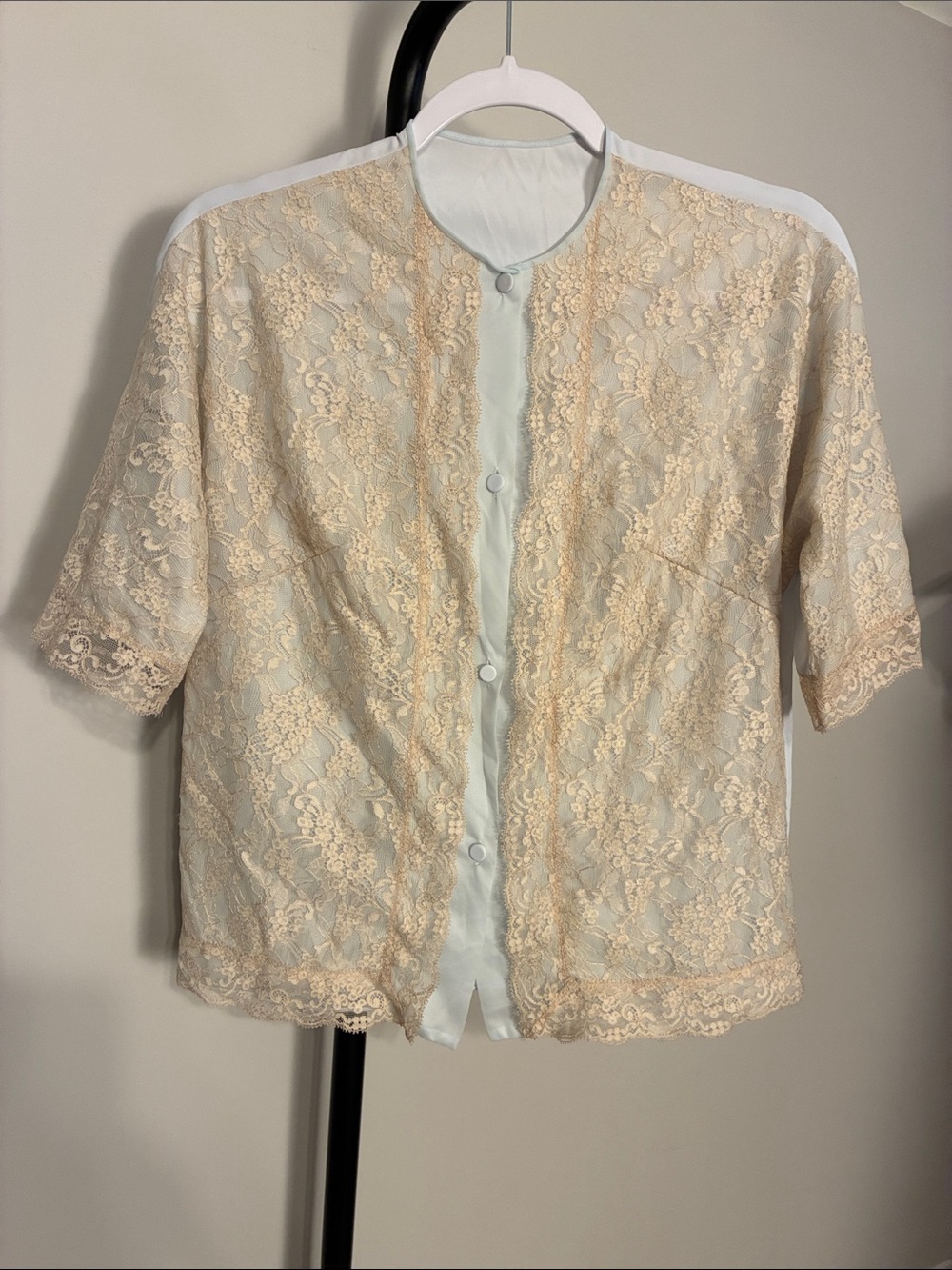 Vintage Vanity Fair Cream Lace Short Sleeve Button Front Blue Pajama Top size 32
